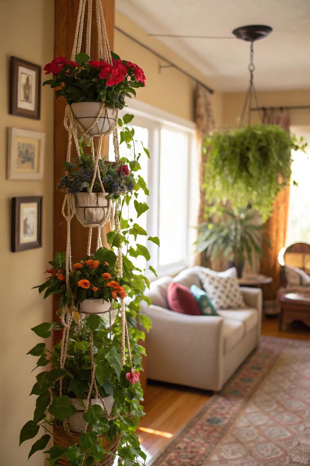 Vertical plant hangers add life and save space in any room.