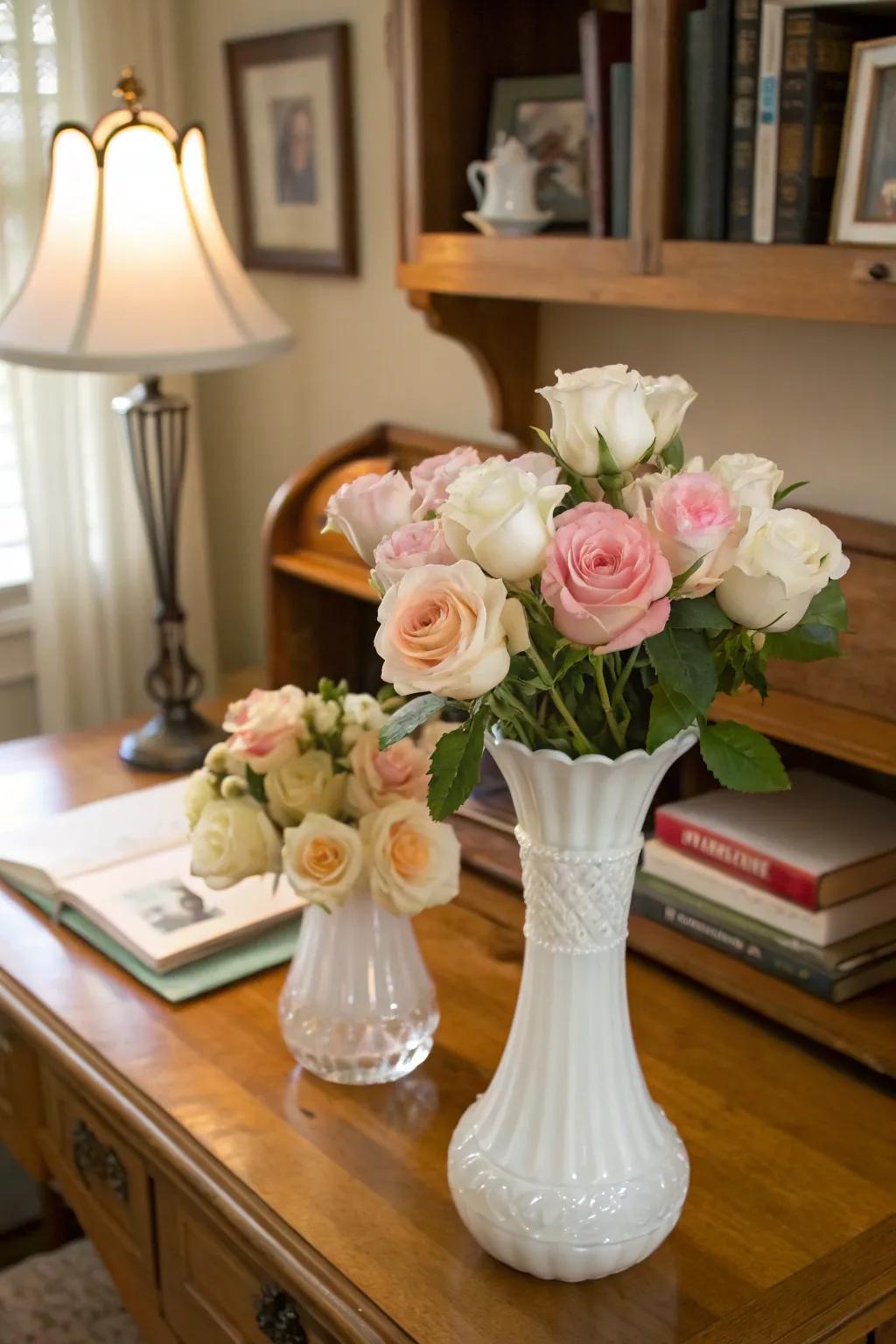 Nostalgic and fetching by presenting classic milk glass vases.