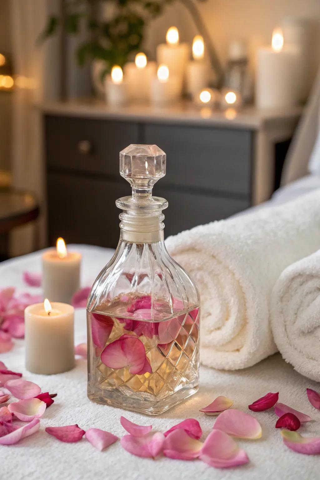 A bottle filled with homemade confetti-infused oil