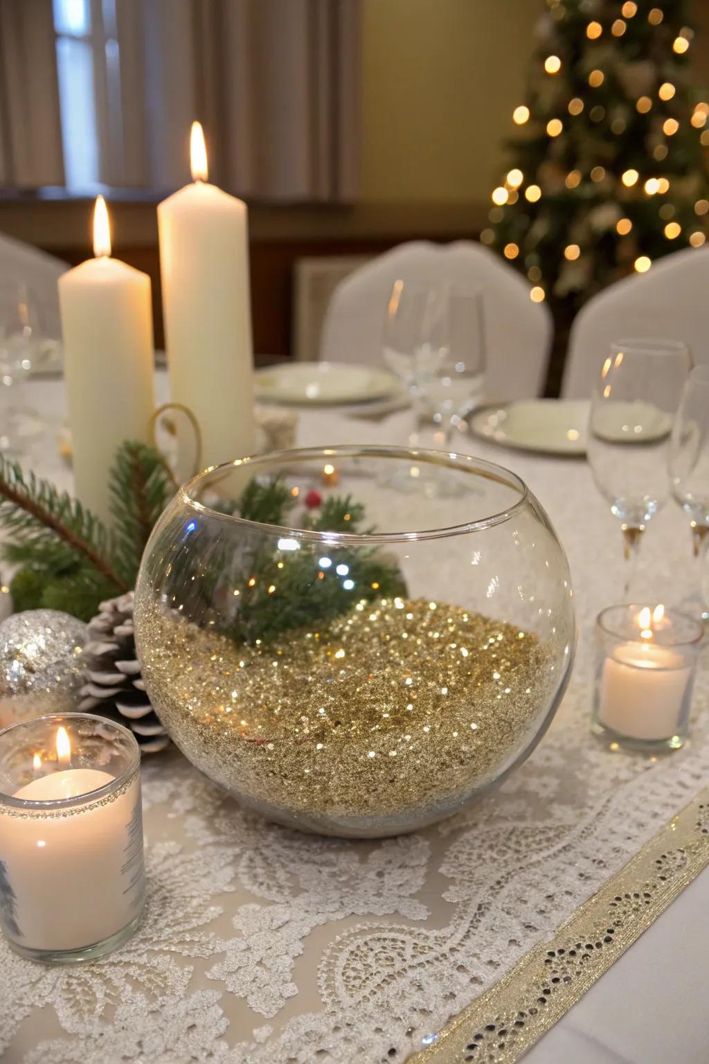 Shine in a glass bowl incorporates a glamorous and celebratory sparkle.