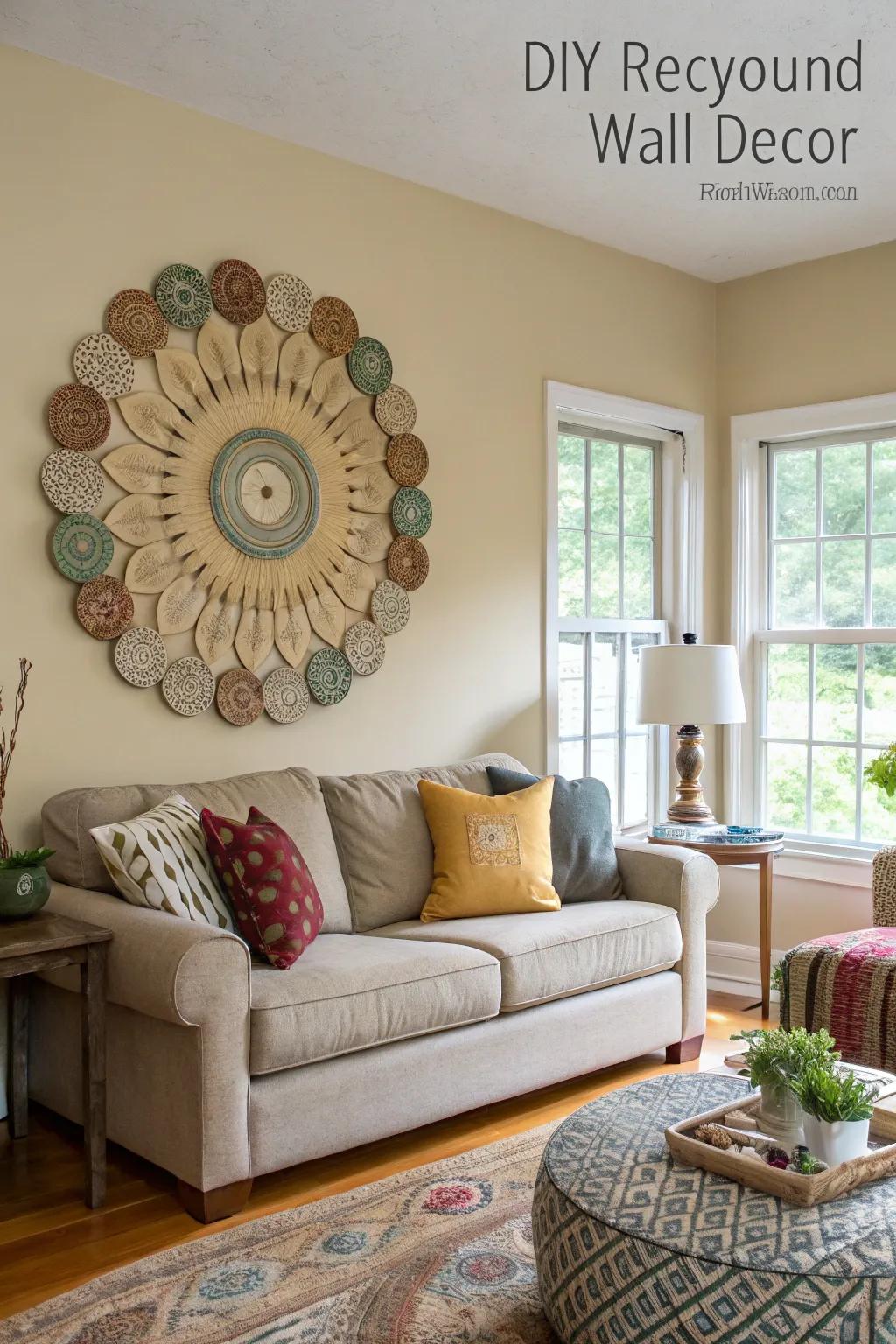 A living area with a DIY round wall decor crafted from upcycled materials.