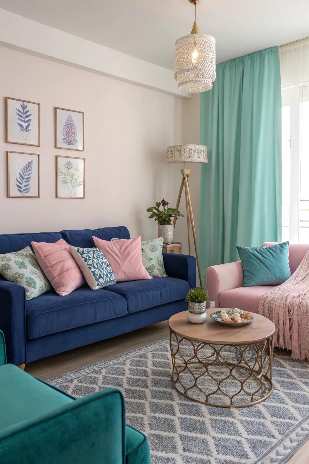 Royal blue paired with pastels creates a serene and inviting living room.