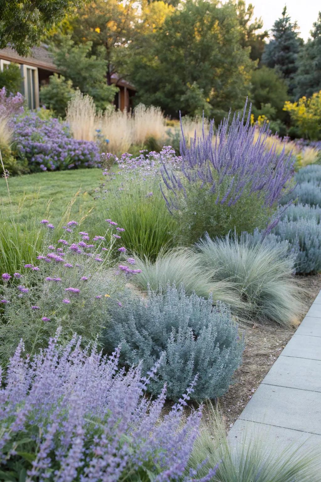A calming garden retreat with Azure Beauty and blue fescue.