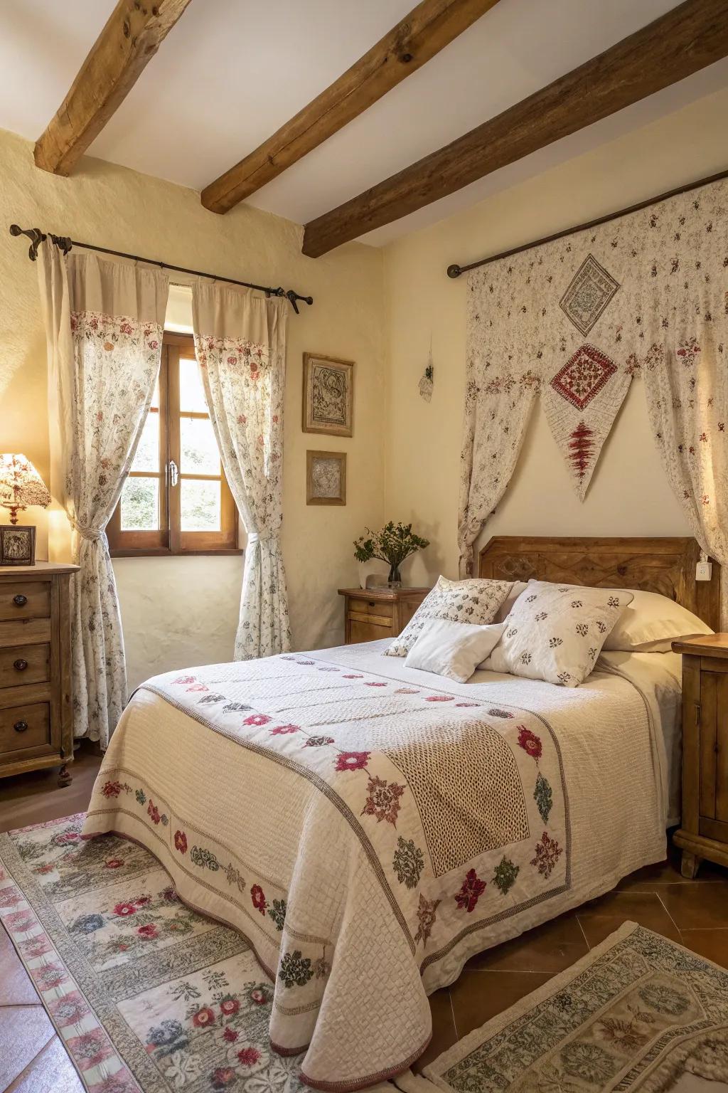 Patterns add visual intrigue to this countryside bedroom.