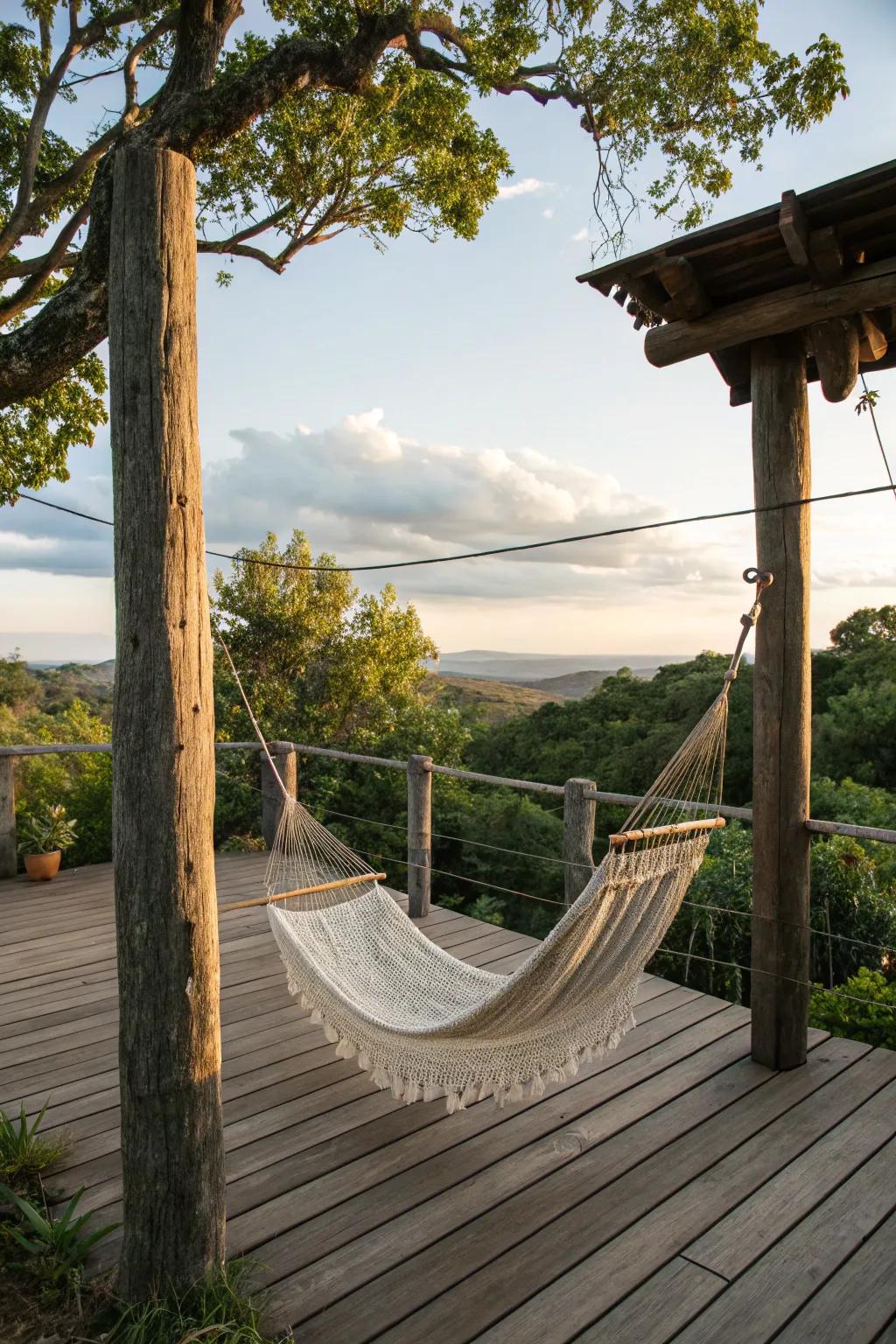 A hammock offers a perfect relaxation spot on this rustic deck.