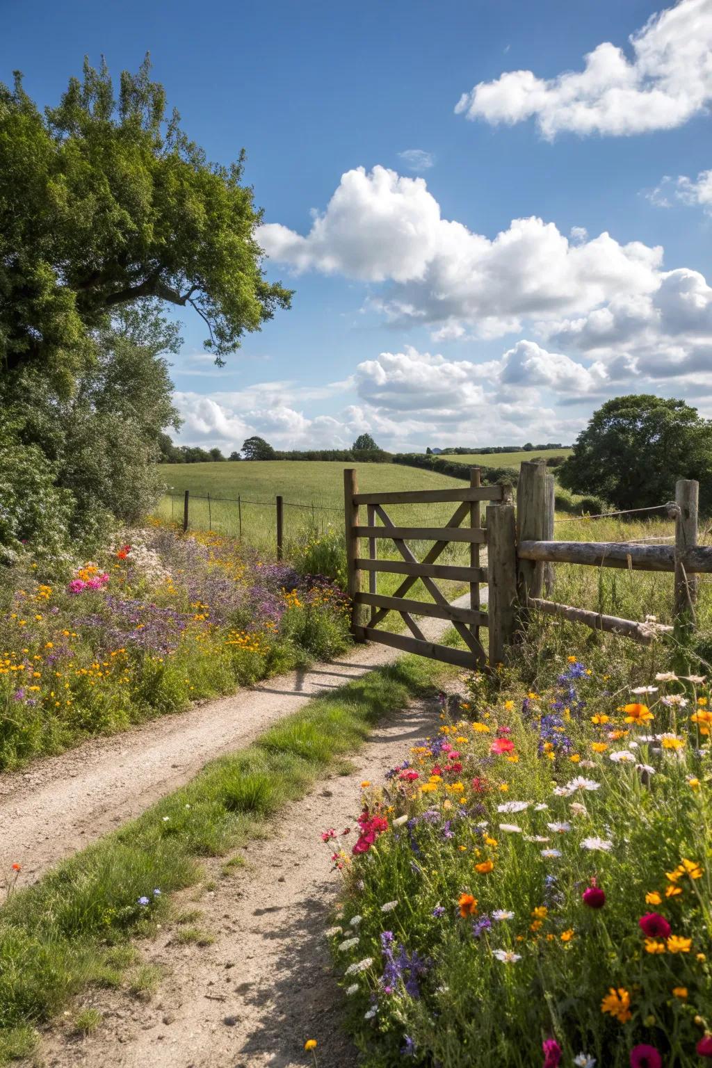 A farm portal framed by a colorful wildflower border.
