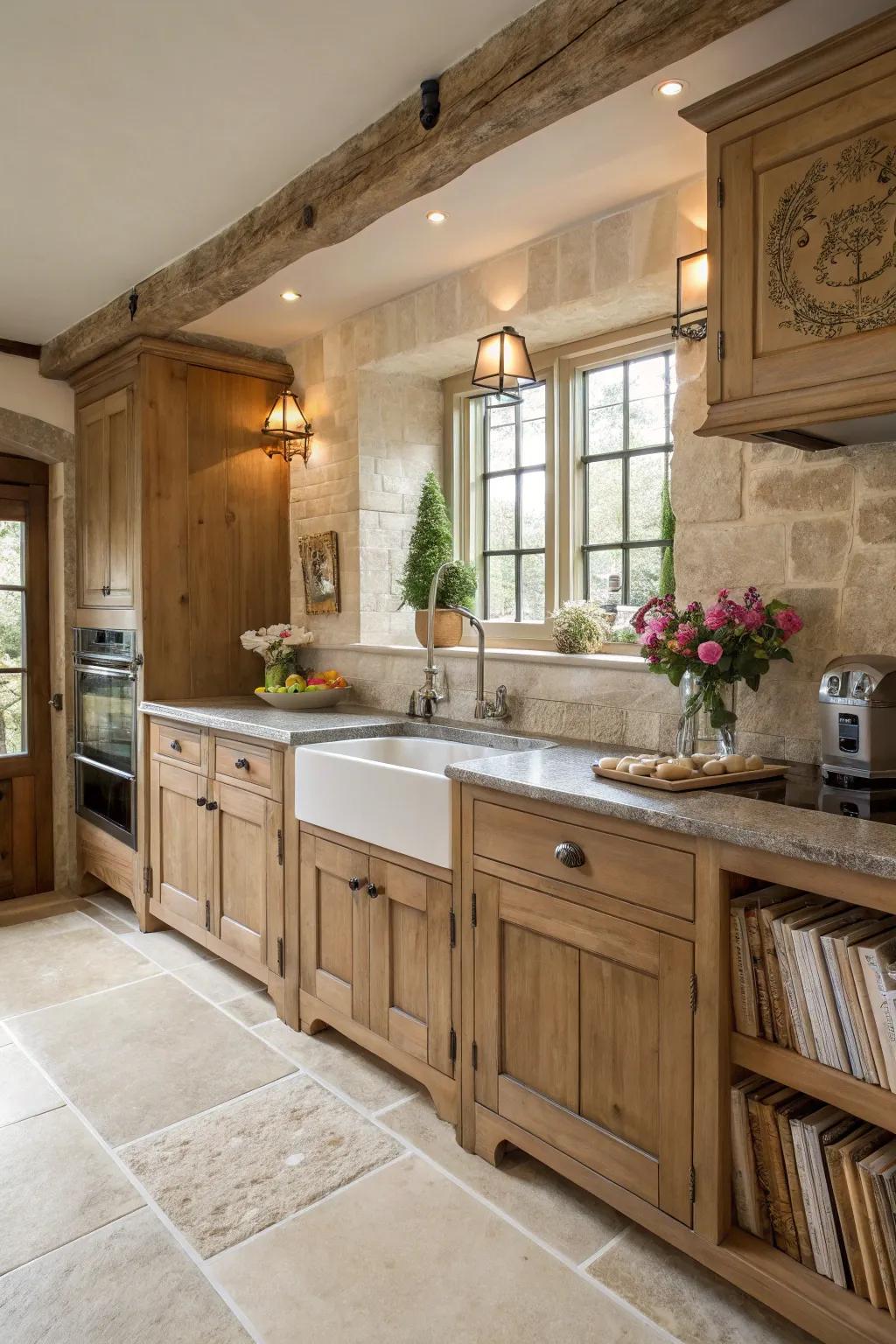 Limestone floors provide elegance with a country touch.