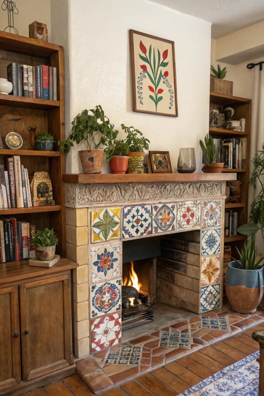 Ceramic tiles add color and pattern to this artistic rustic fireplace.