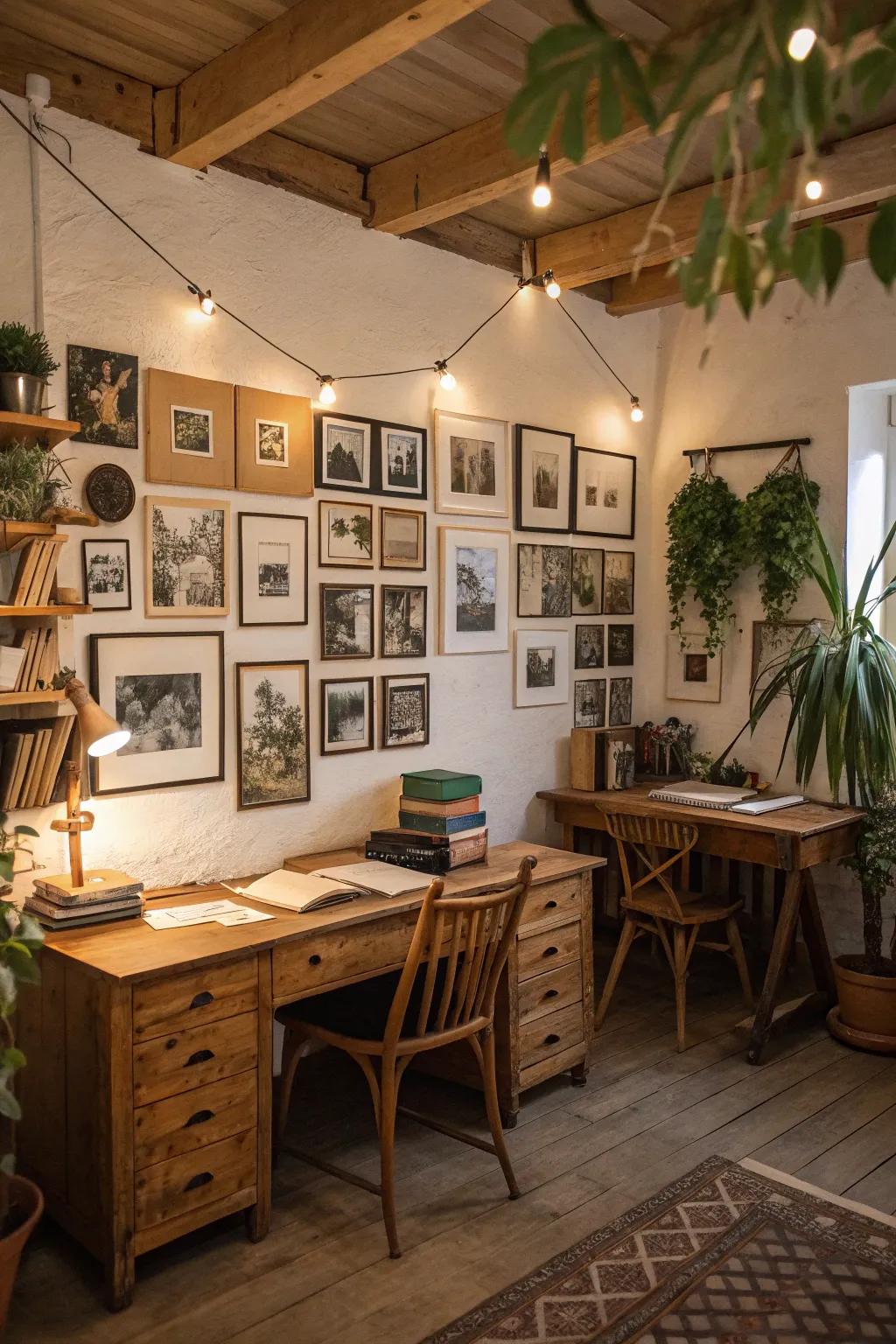 A photo display adds a personal touch to a country office.