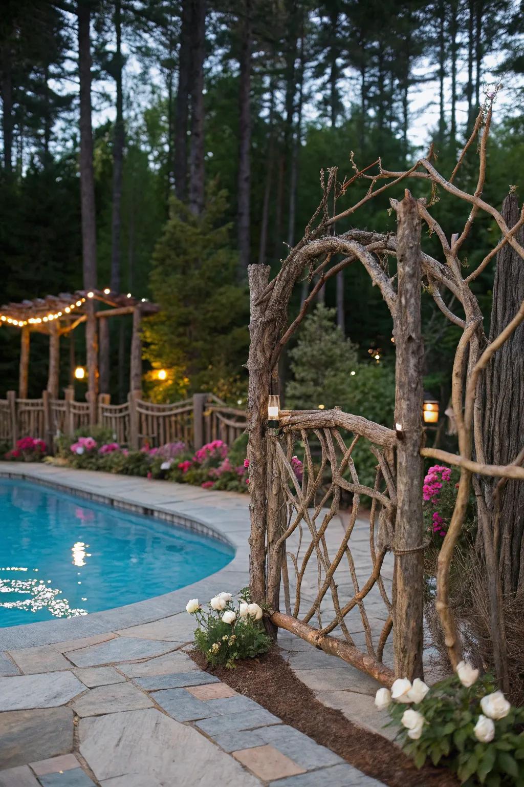 A whimsical twig and branch fence enhancing the pool's natural beauty.