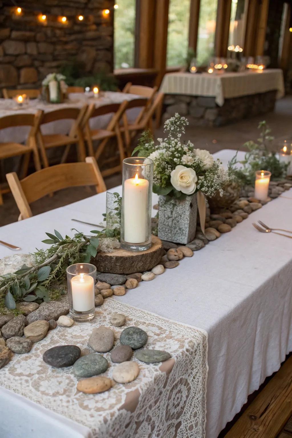 All-natural stone elements enhancing the earthy vibe of the main table.