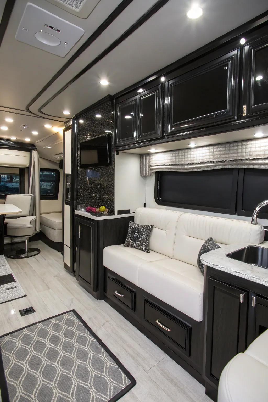 A black and white design creates a timeless RV interior.