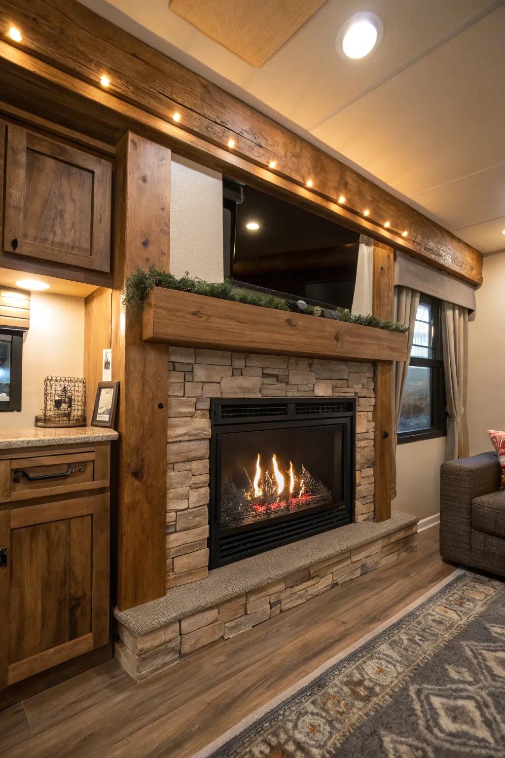 Wooden beam mantles add rustic style above fireplaces.