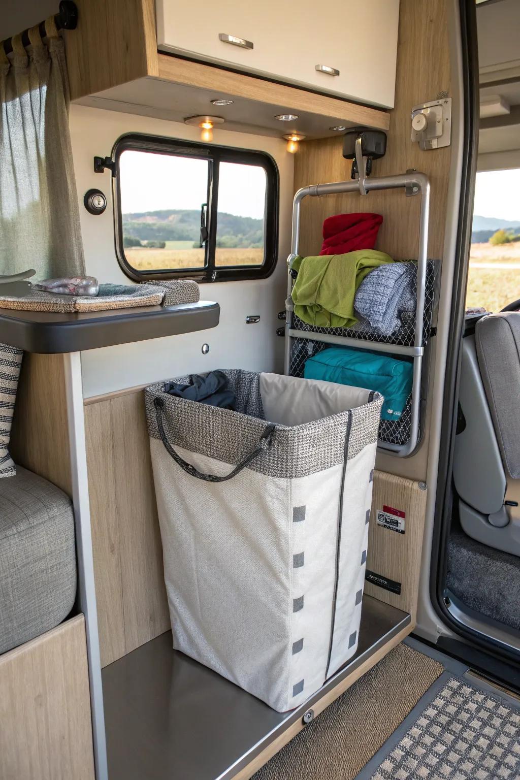 A magnetic hamper cleverly attached to a metal surface in the RV.