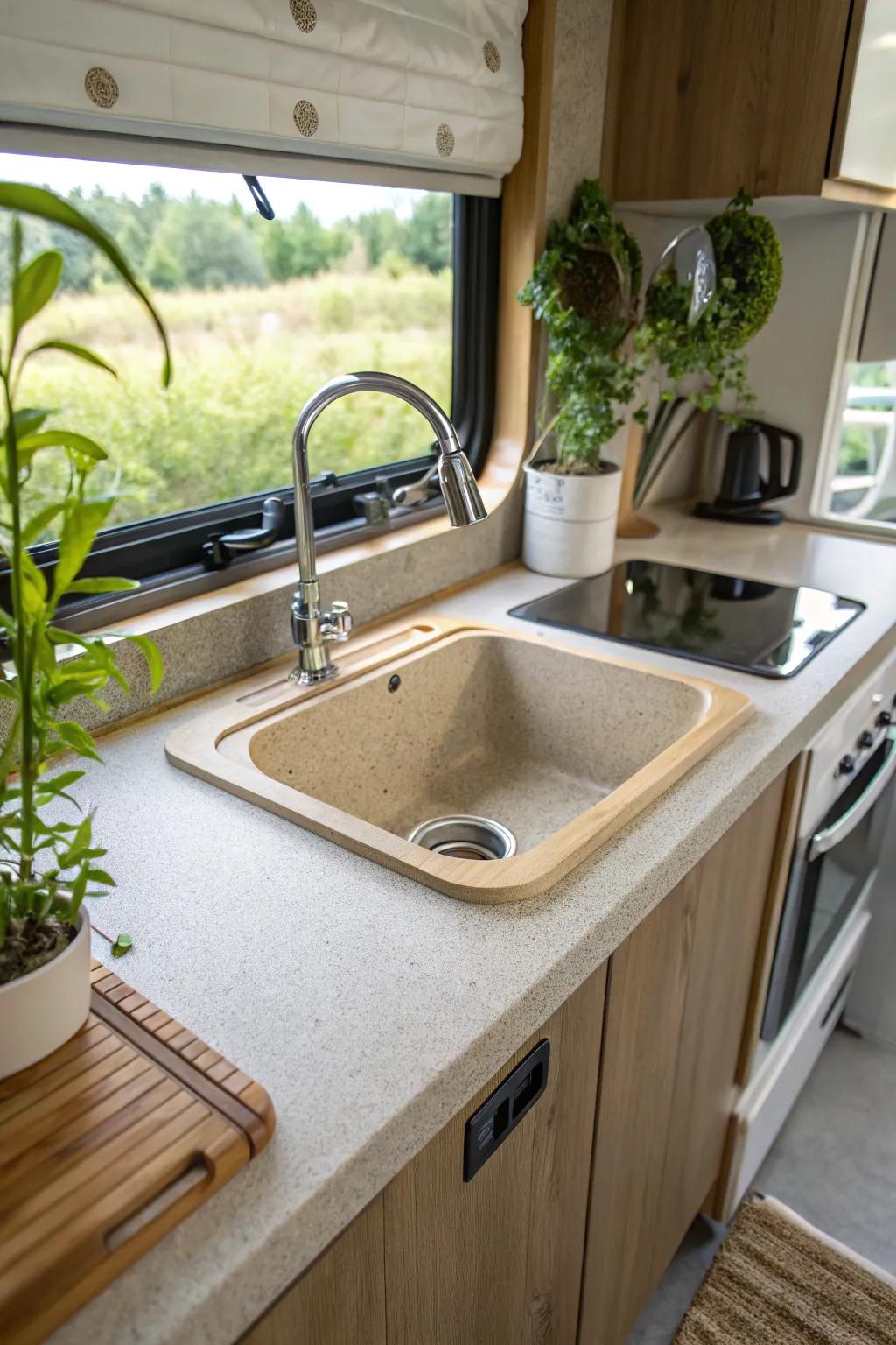An eco-friendly sink made of recycled materials in an RV kitchen.