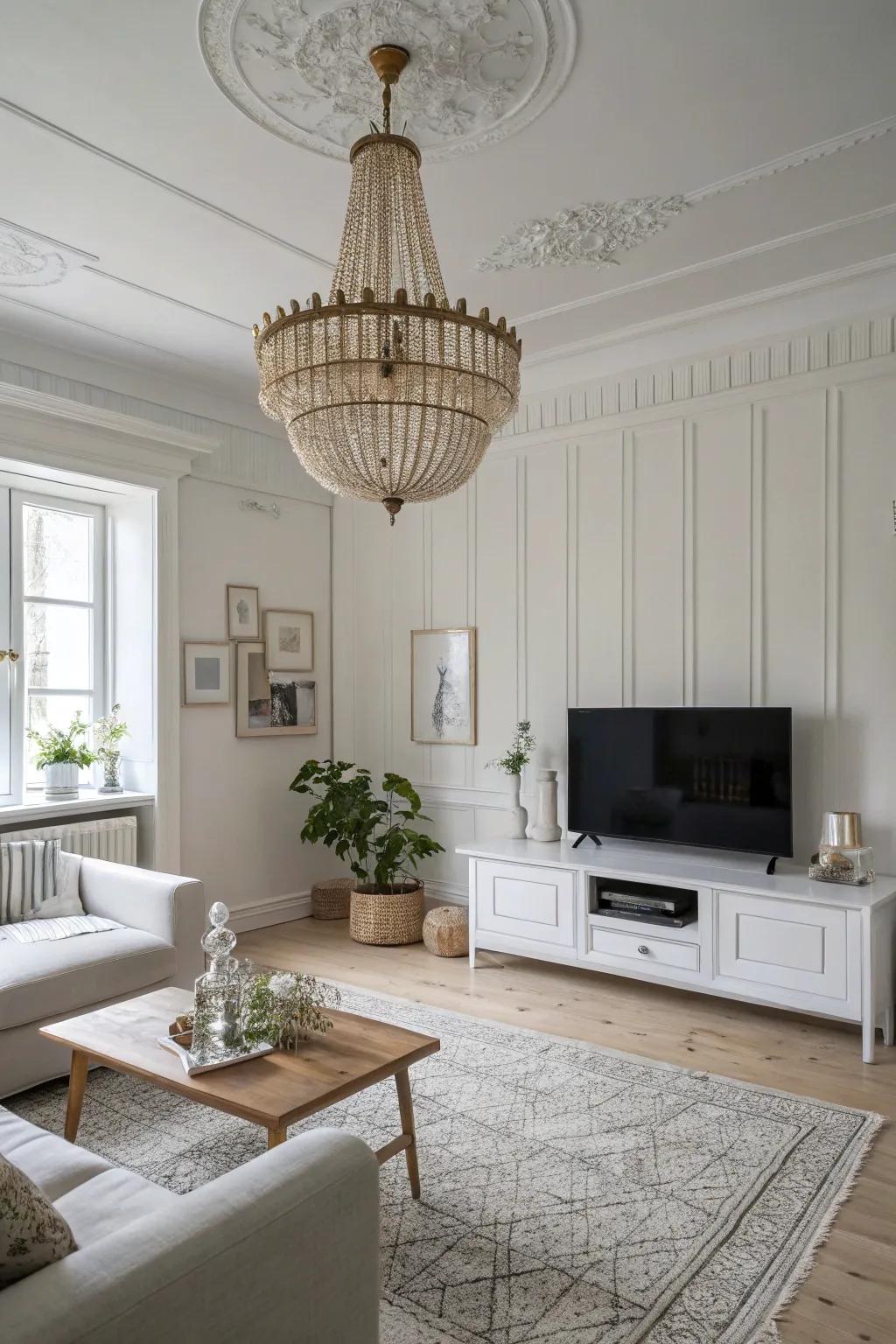 Statement lighting acts as a focal point in the Scandinavian living room.