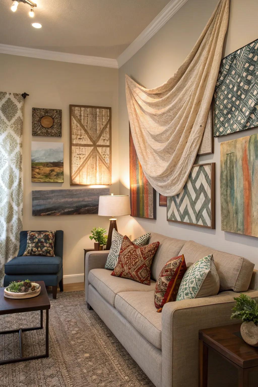 A lounge spot with art putting cloth and cloth together