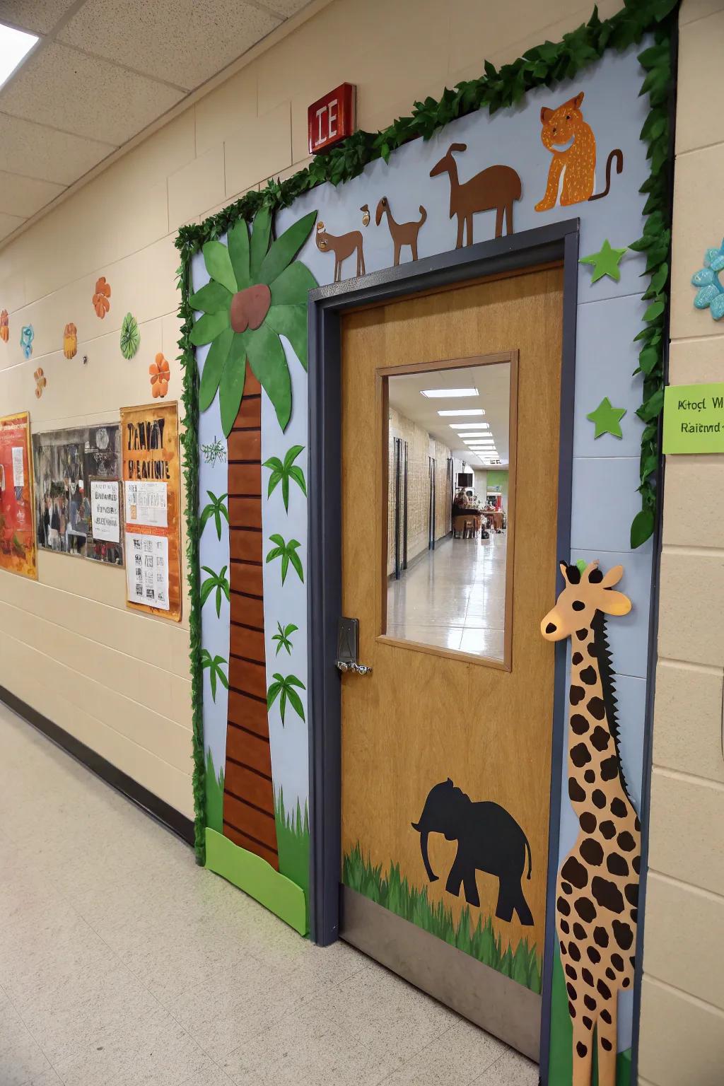 A lively animal kingdom-themed school door.