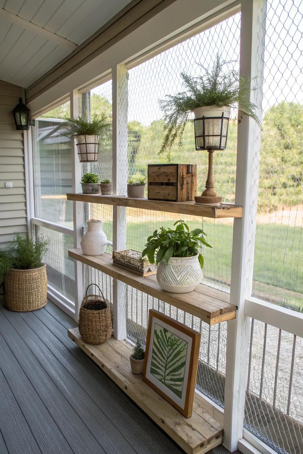 Floating shelves furnish chic storage for flora and decor.