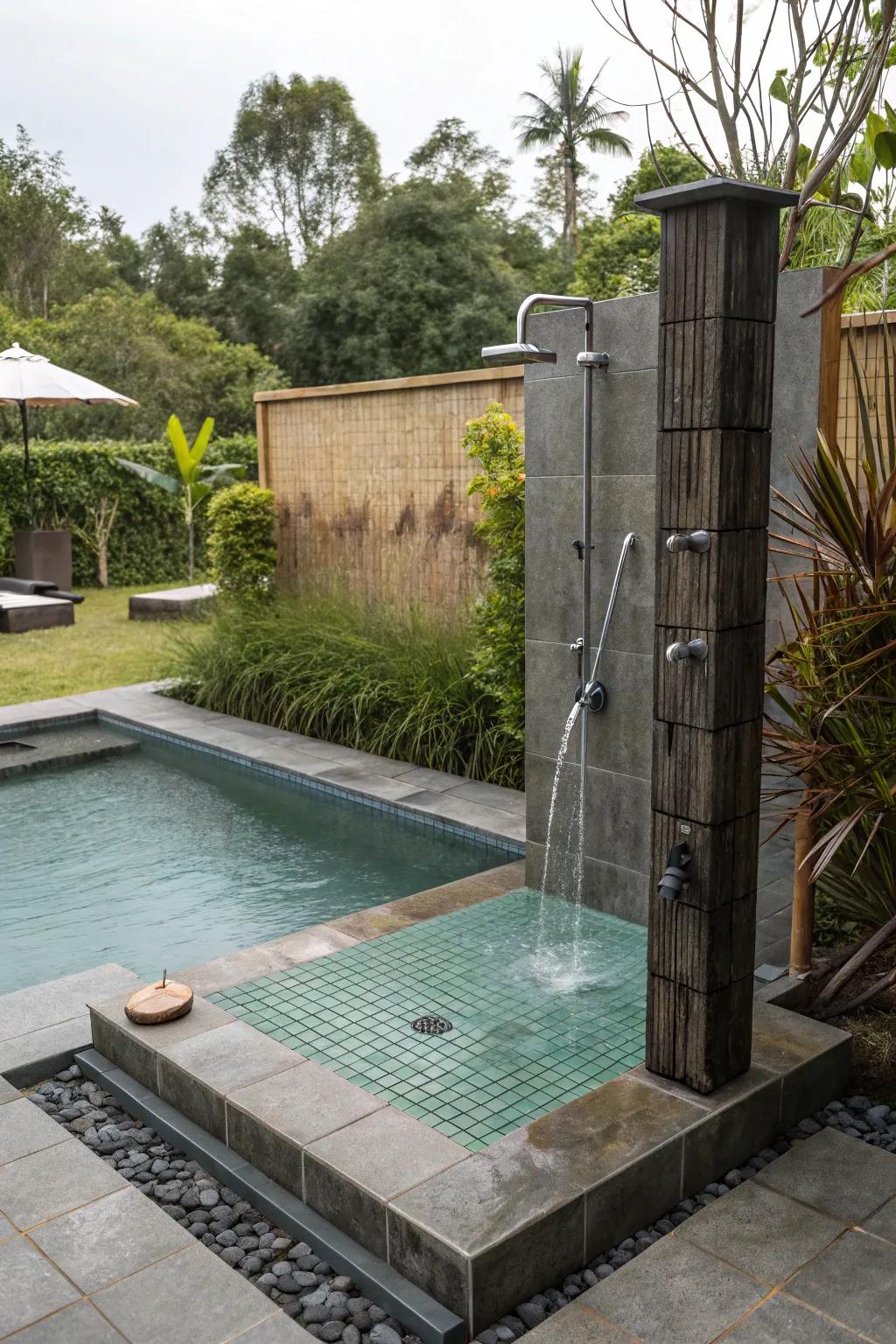 A semi inground pool with a convenient and stylish outdoor shower.