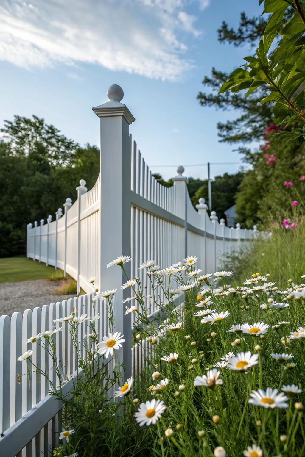 A modern take on the traditional picket fence contributes charm and partial-seclusion to this garden.