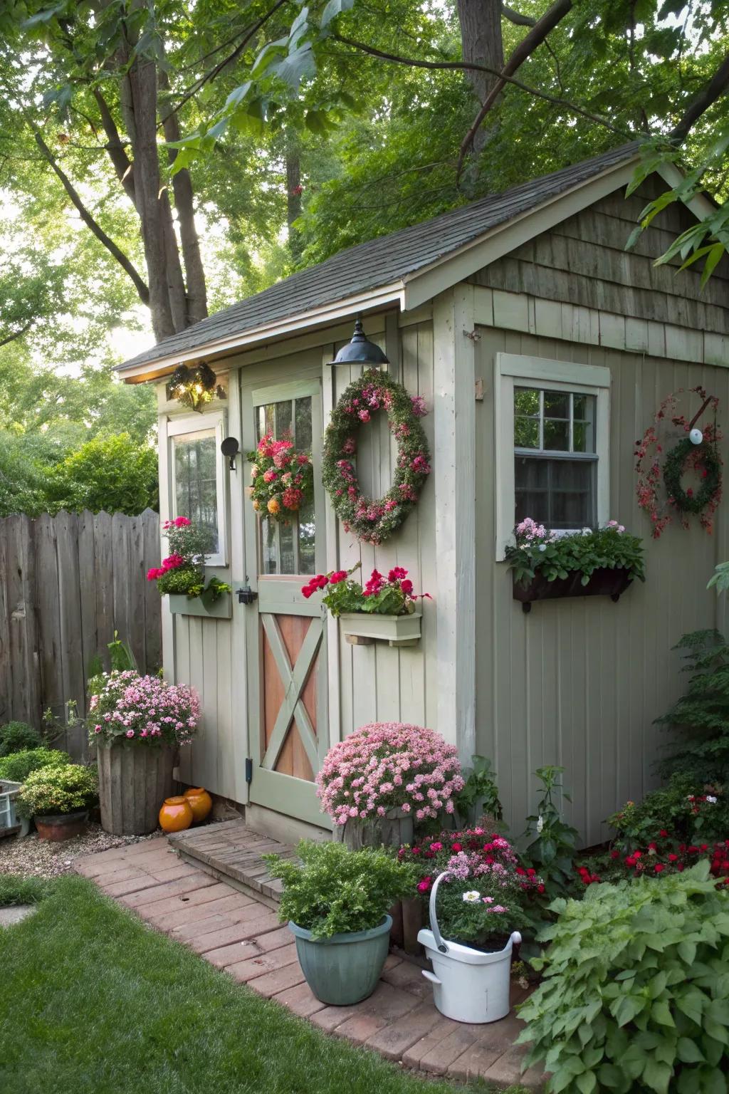 An outdoor shed adorned using changing seasonal aesthetic.
