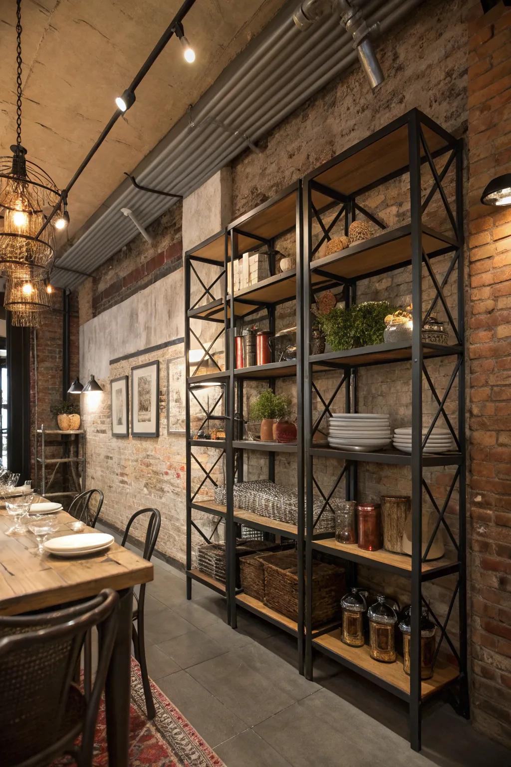 Metal shelves enhance a space with an industrial vibe.