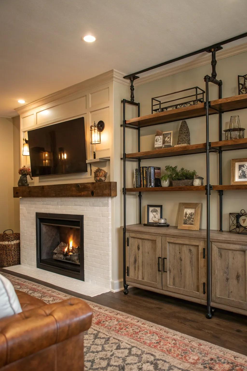 Rugged style with an industrial edge with metal shelving.