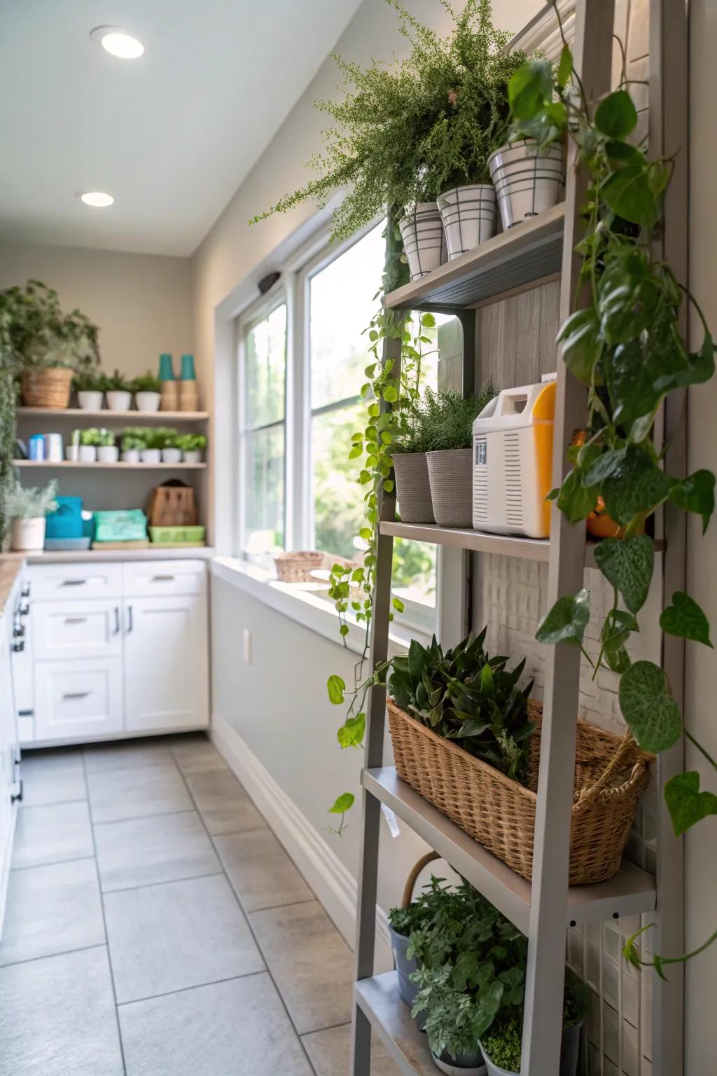 Vertical garden on laundry room shelves, introducing a refreshing and lively element to the space.