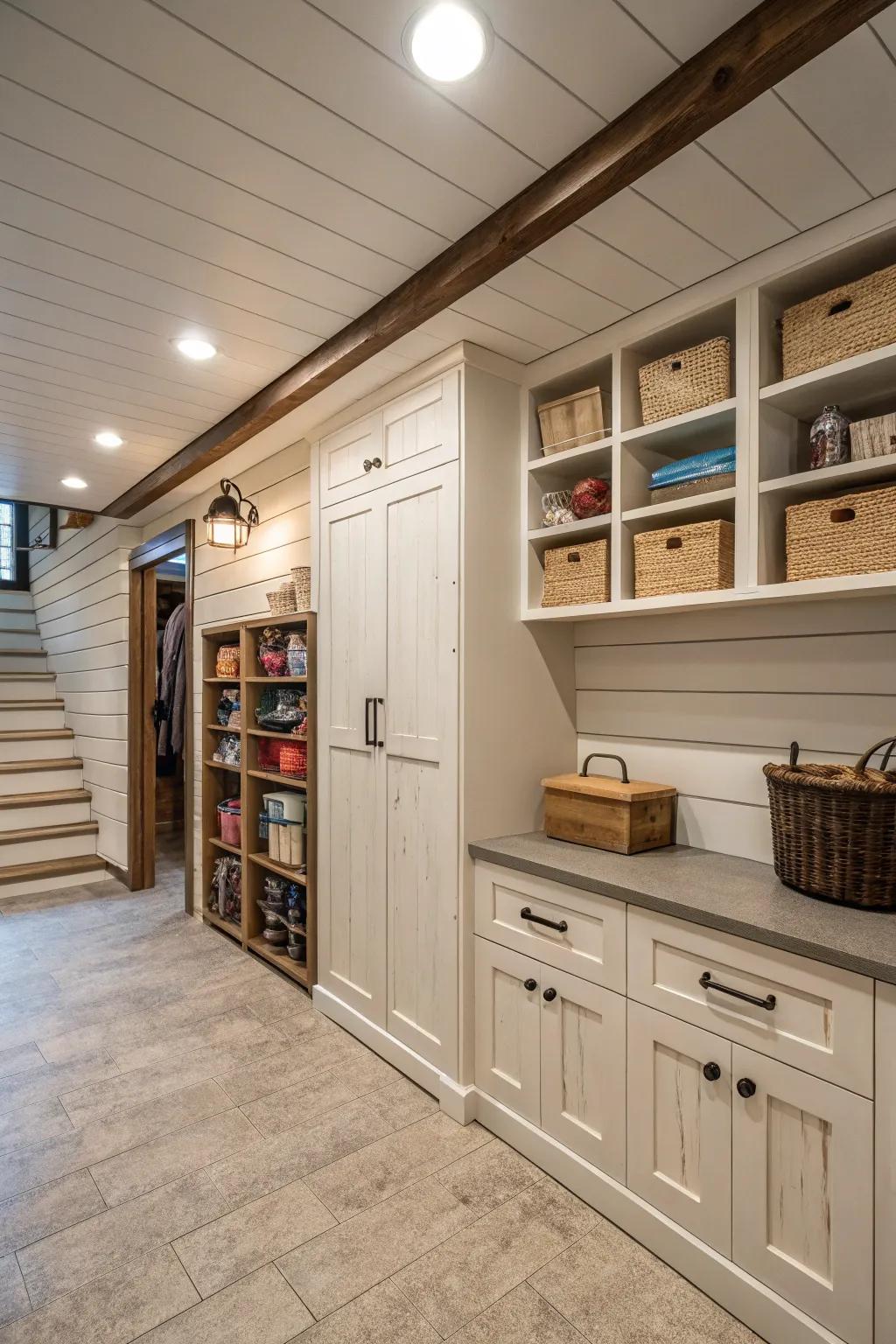 Hidden shiplap panels create sleek storage.