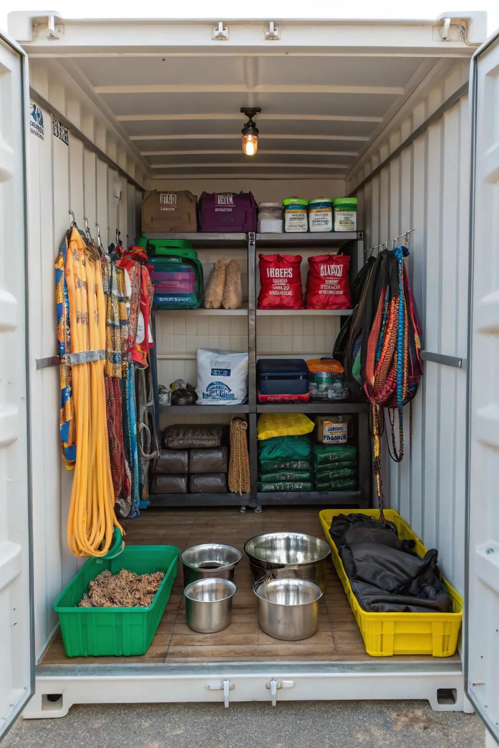 A pet supply storage area neatly structured inside a container.
