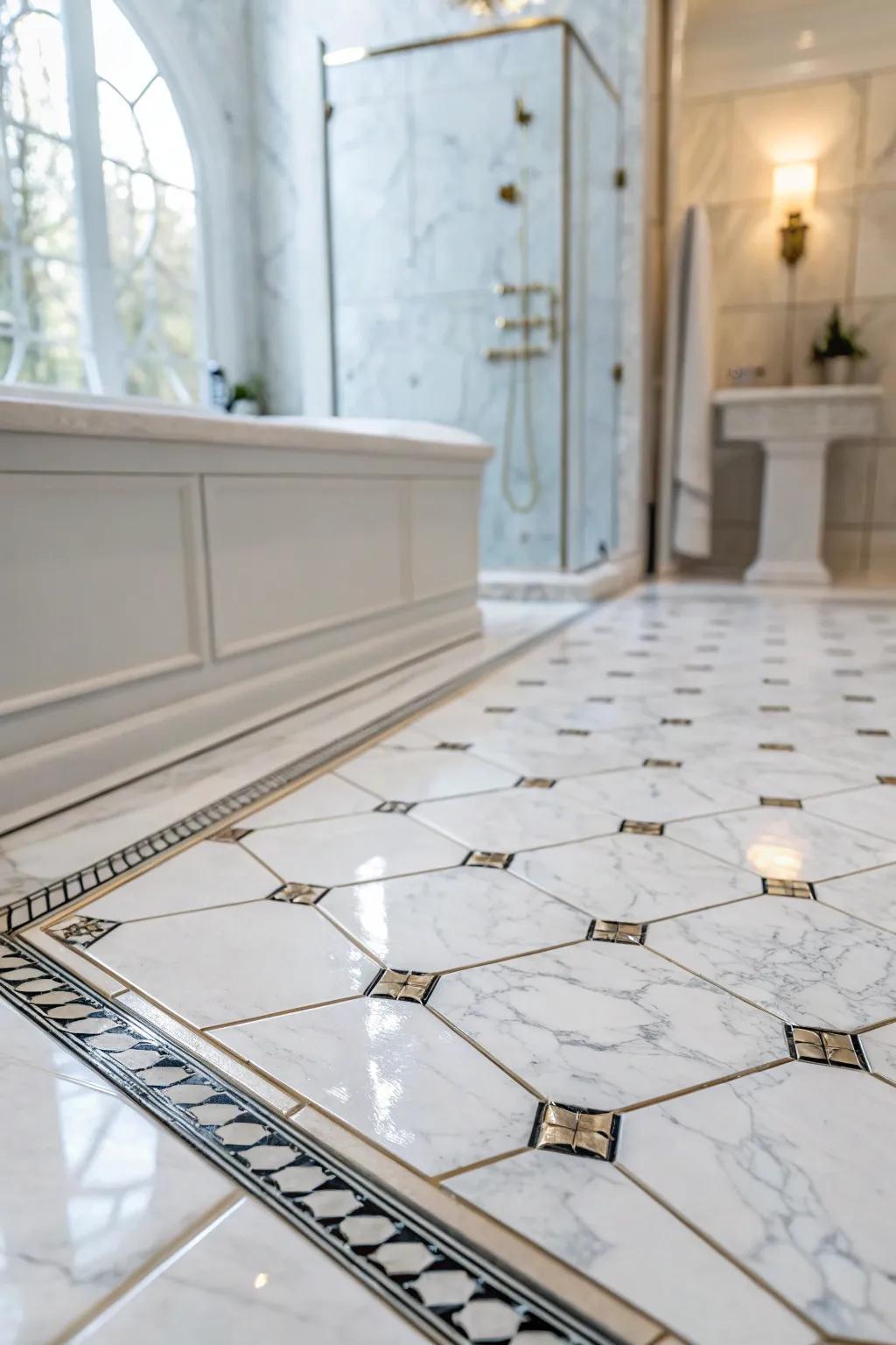Enjoy a spa-like luxury with elegant white stone floors.