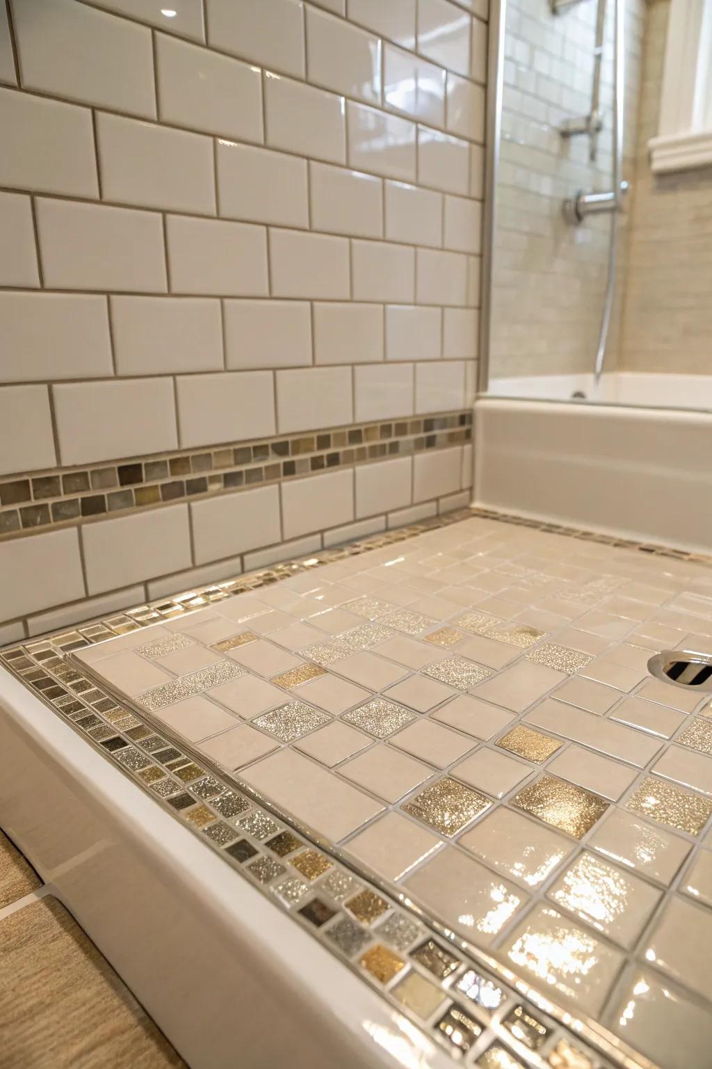 Subtle metallic accents on tiles add a touch of glamour and elegance to this shower pan.