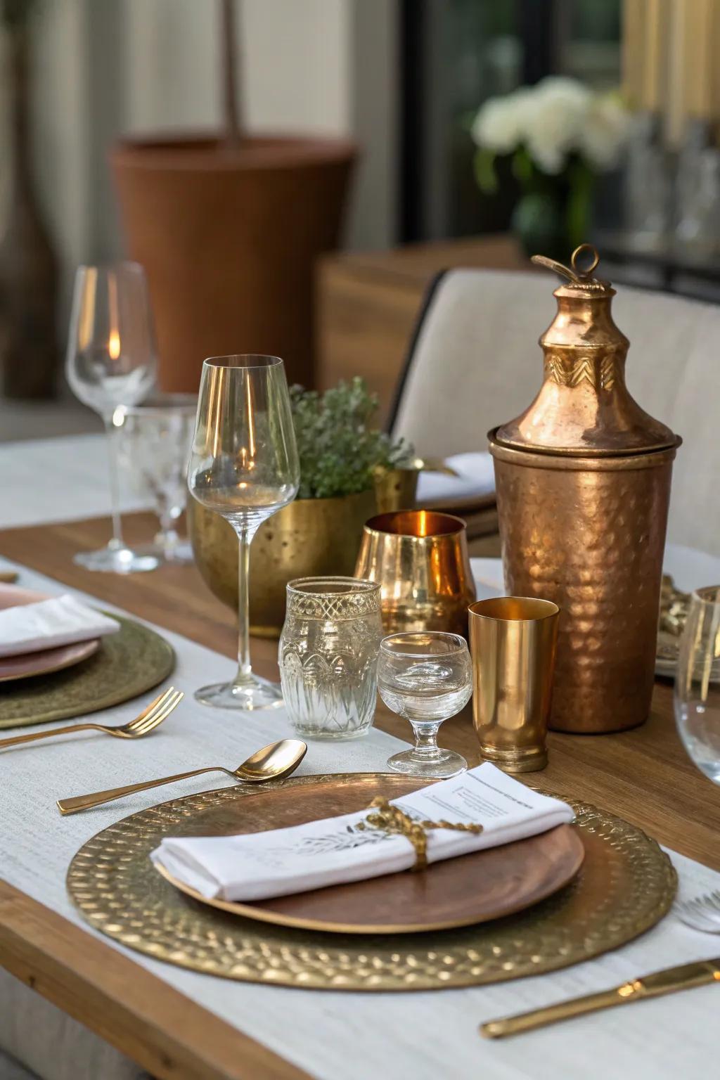 Metallic details amplify the dining setting.
