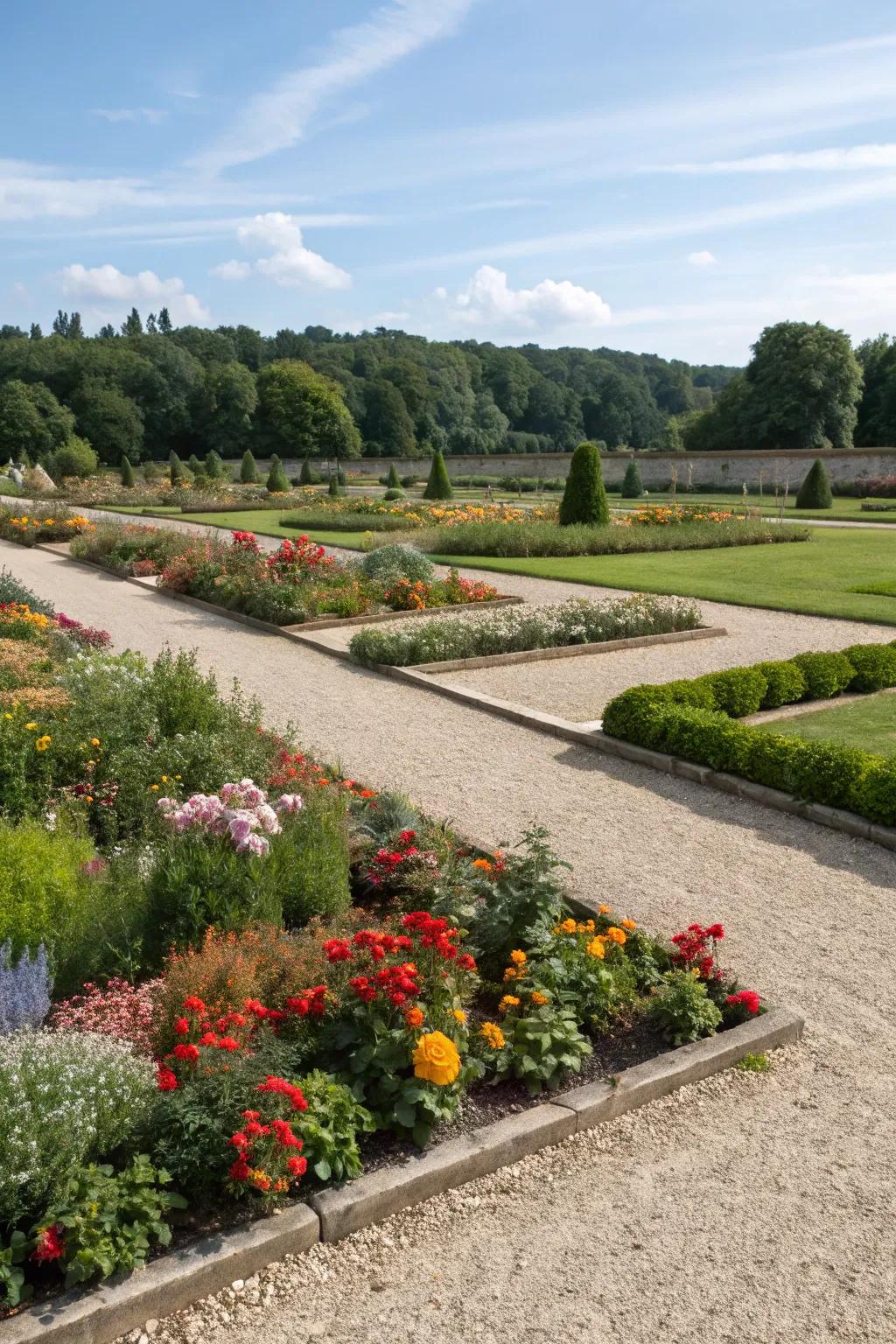 Gravel paths provide practical walkways and add texture to this flower bed.