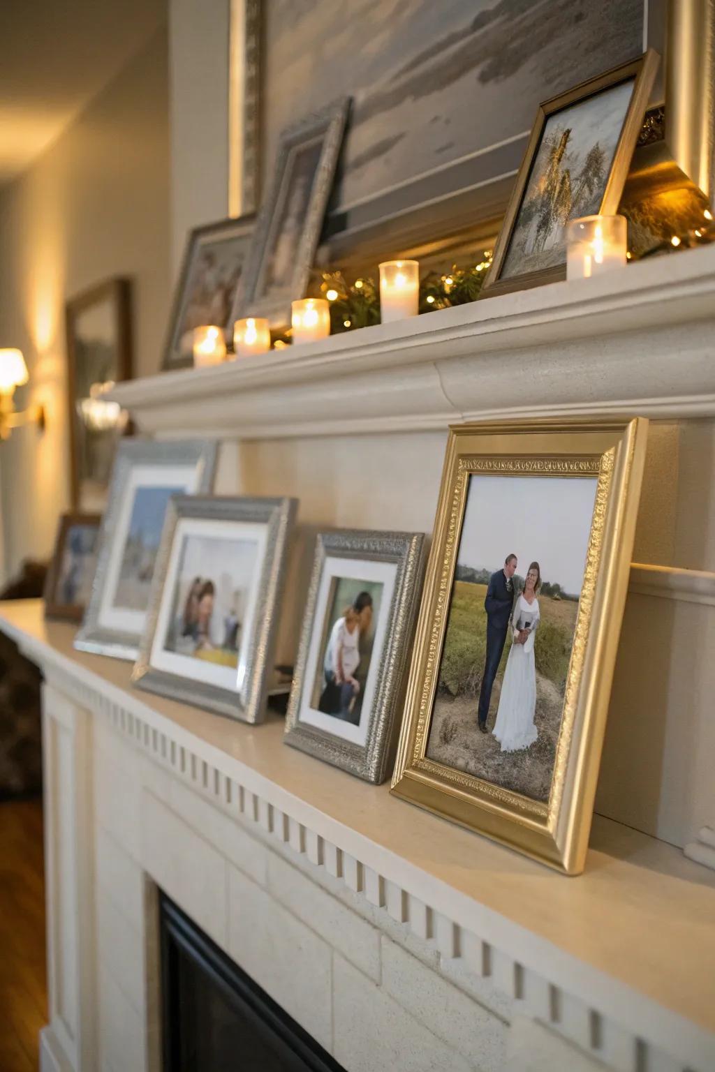 Personal photos add warmth and personality to this mantel.