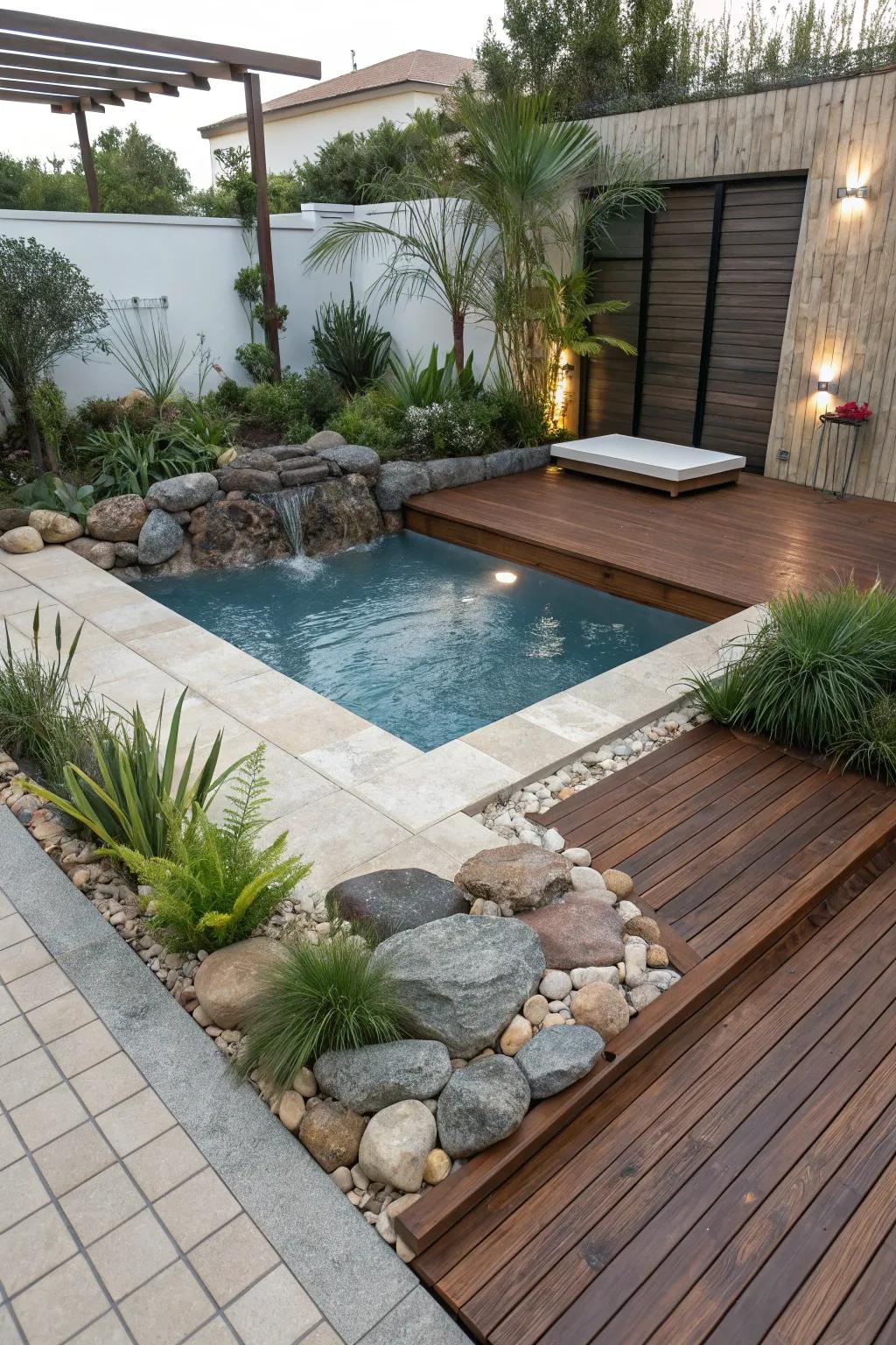 A unique mix of materials adding depth and interest to the pool area.