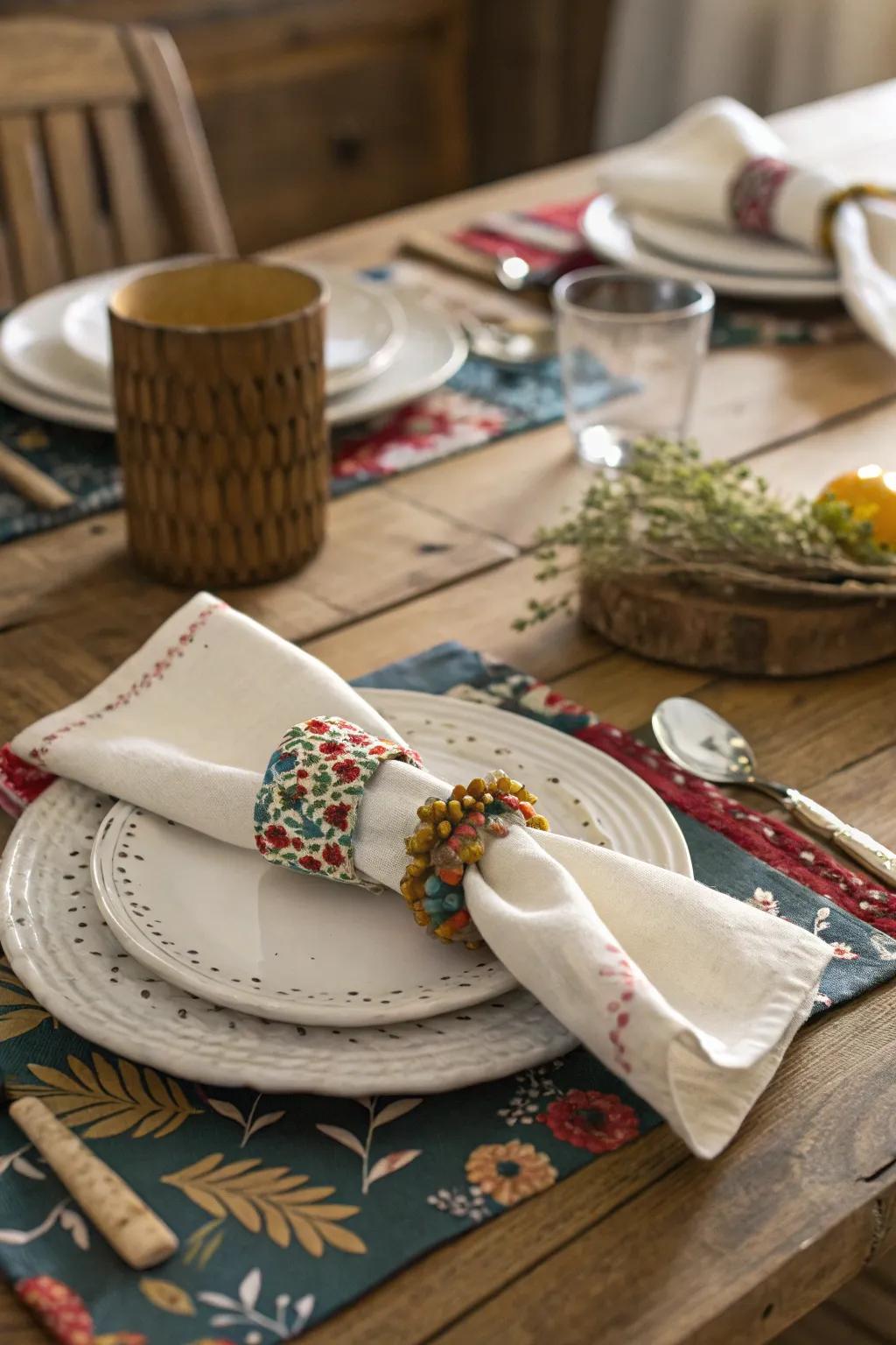 Handmade textile crafts adding warmth to a rustic table.