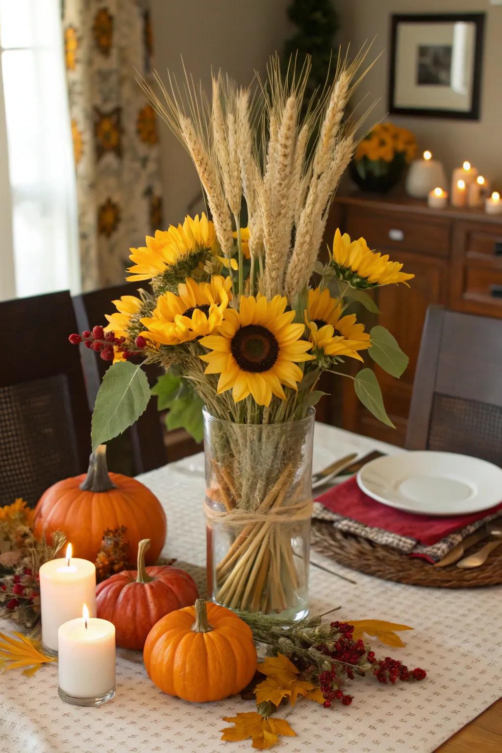 Grain stalks add an autumnal texture to sunflower arrangements.