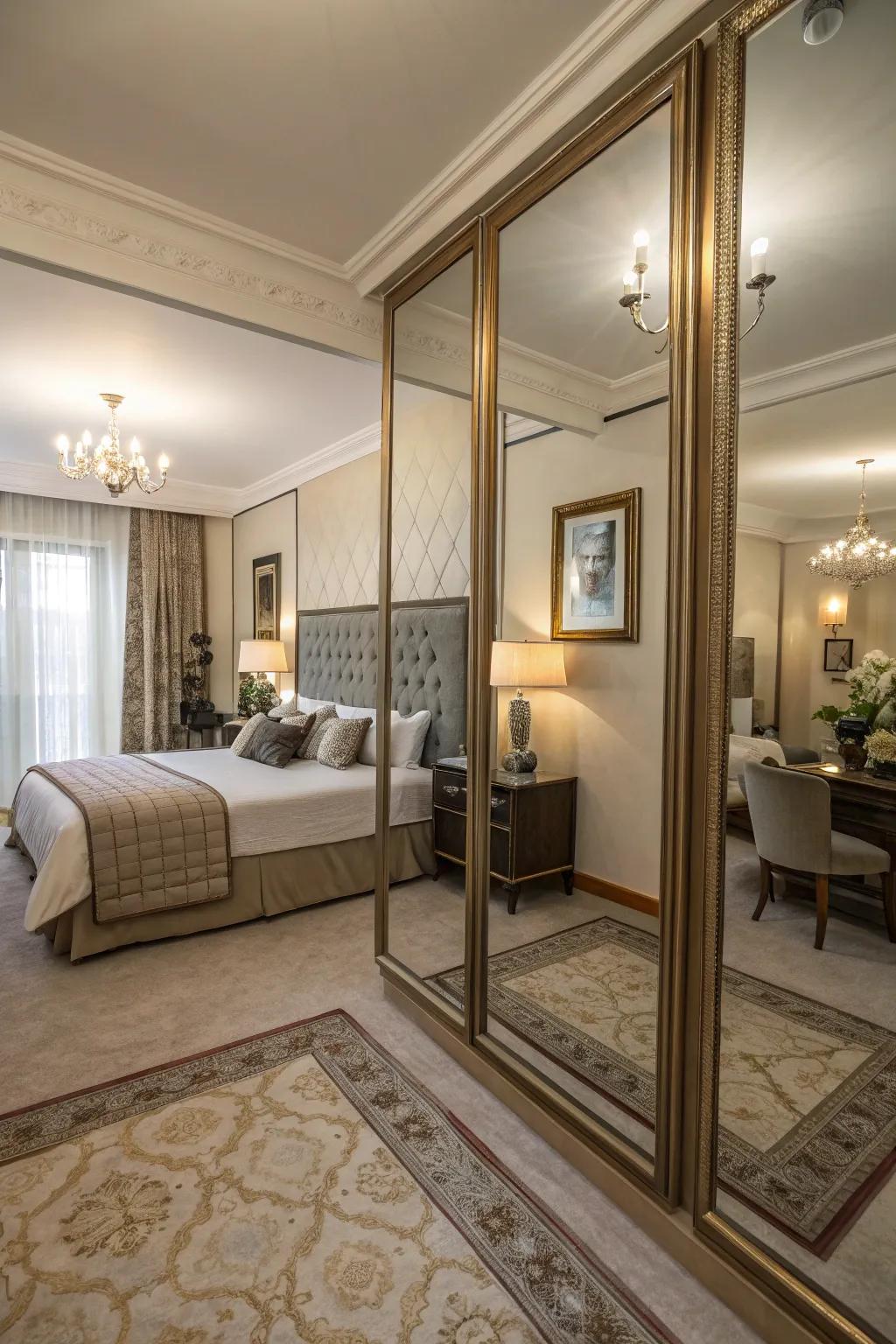 Stylish decor with wall mirrors enhancing room sizes.