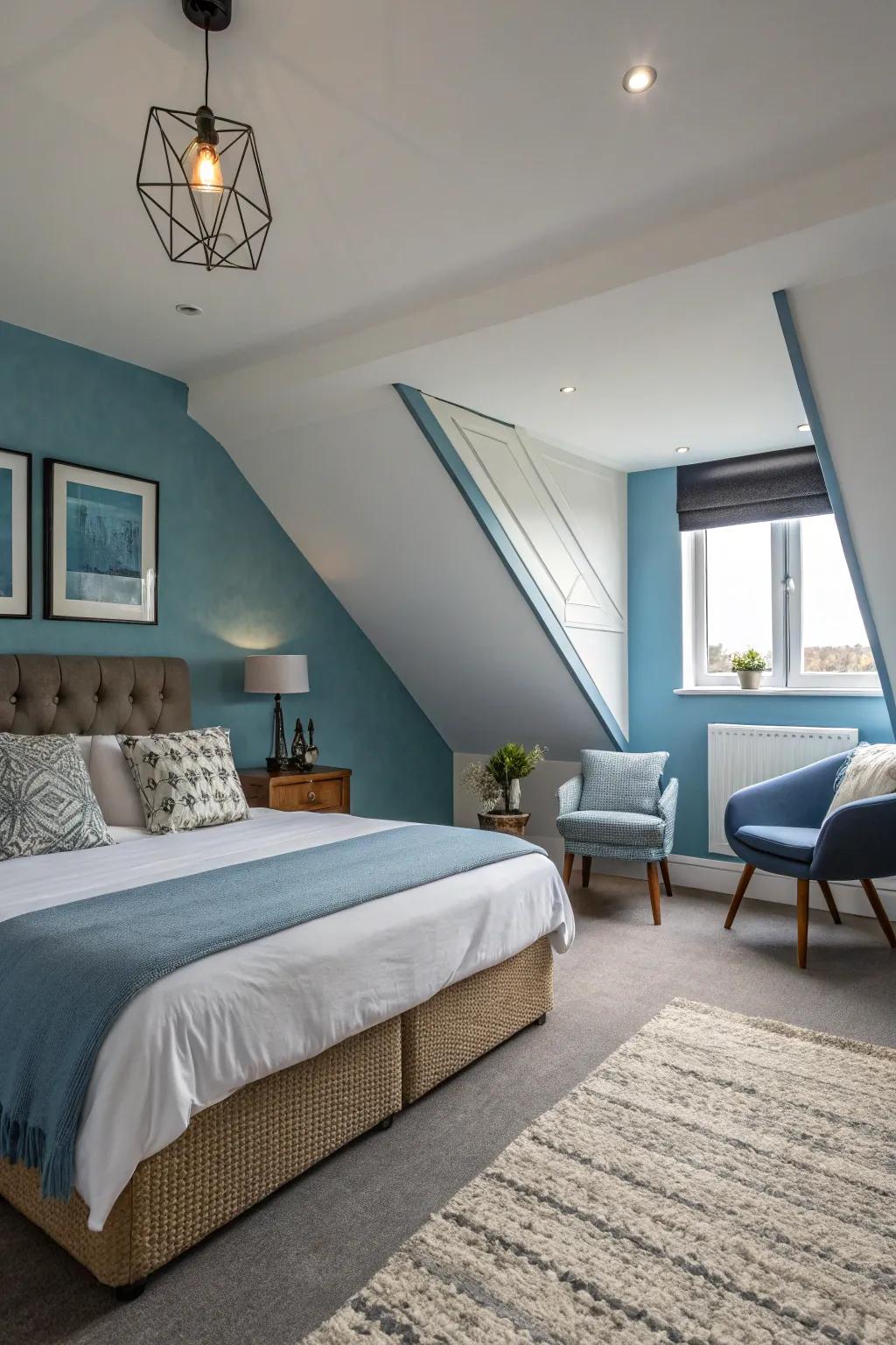 This calm bedroom's restful and tranquil atmosphere comes from its cool color scheme.