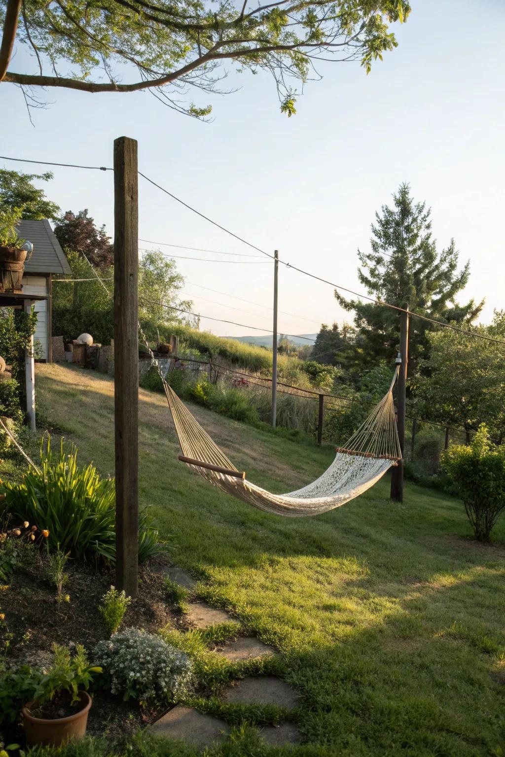A hammock adds a touch of leisure to your sloped garden.