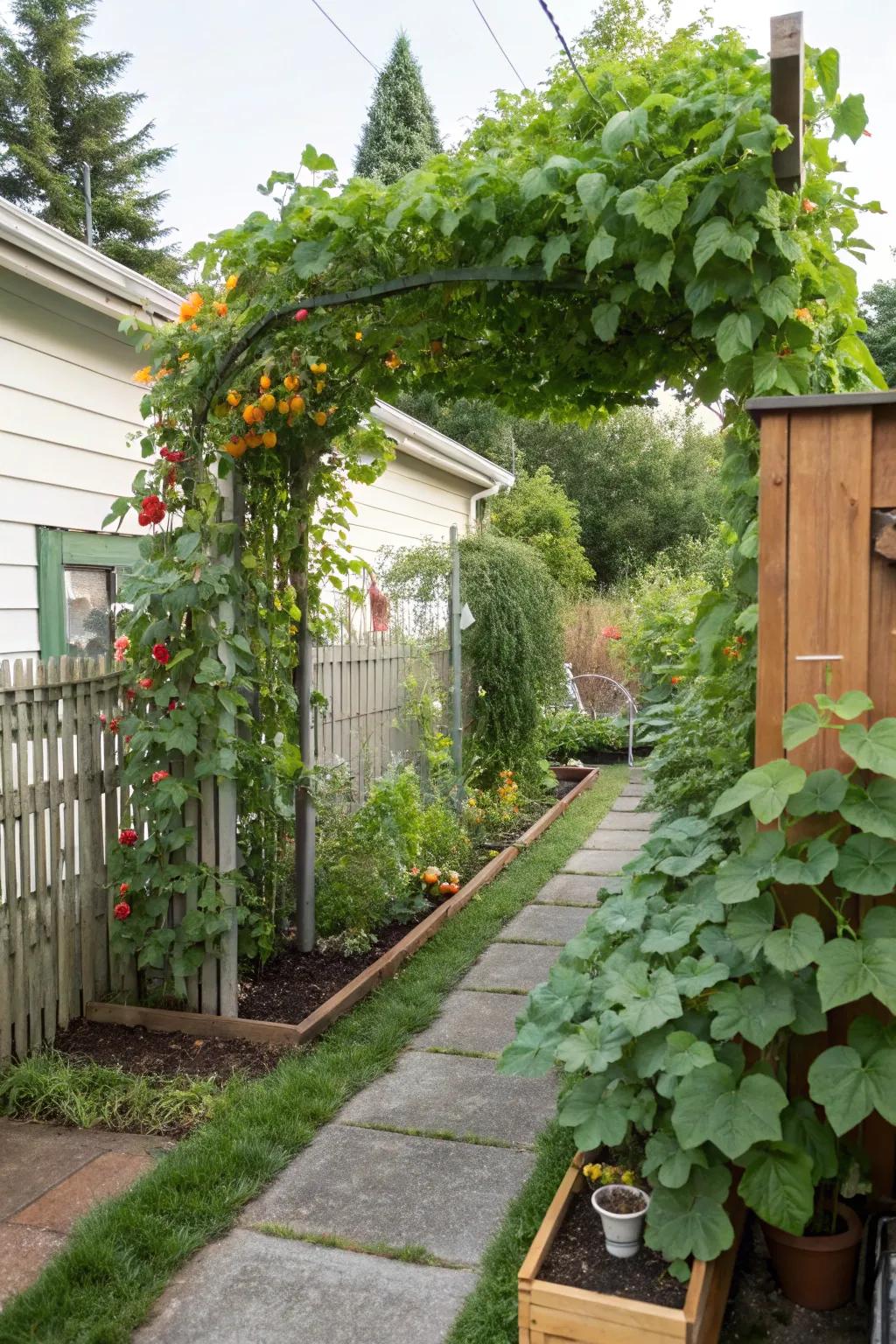 Vertical growing makes efficient use of space for a productive garden.