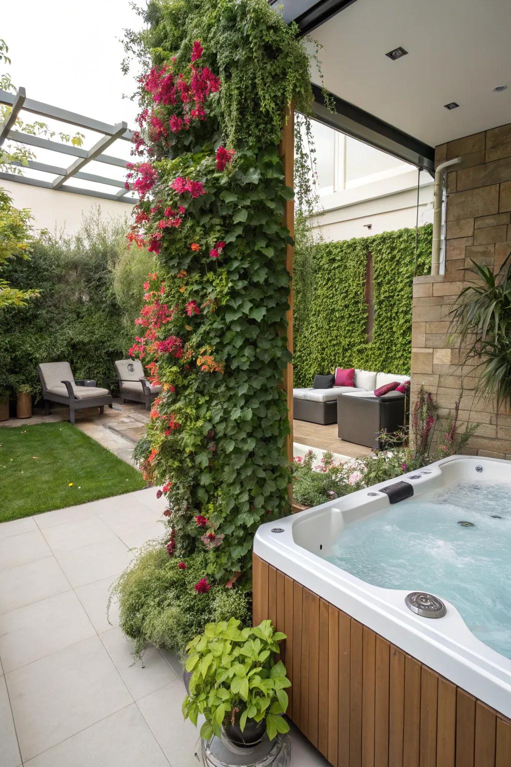 A soak station zone with a vertical garden and climbing flora, infusing depth and lushness.