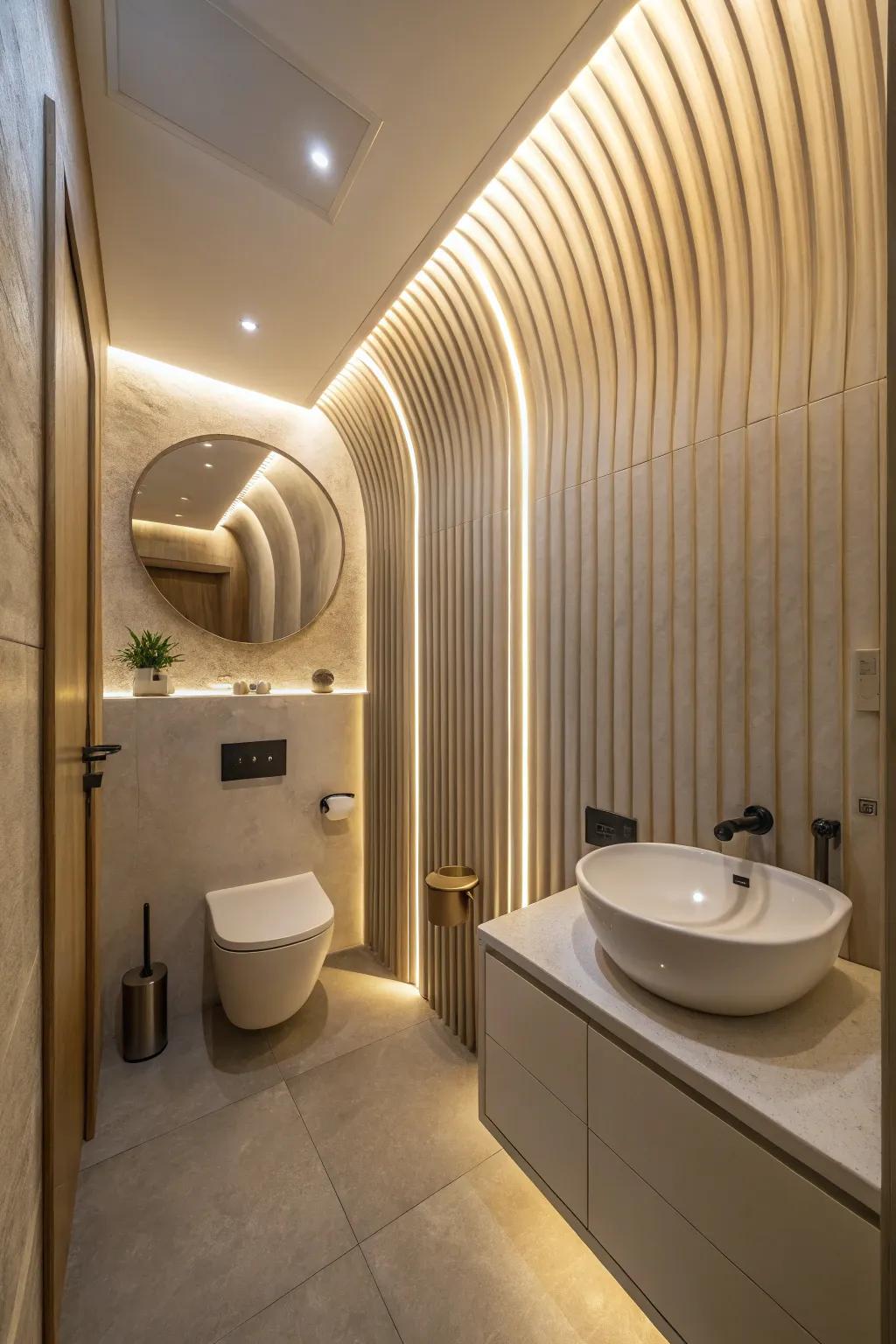 Shaped boards offering soft and elegant design in a small bathroom.