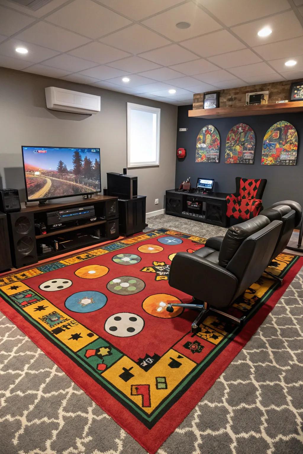 Themed rugs add a unified touch to your gaming room.