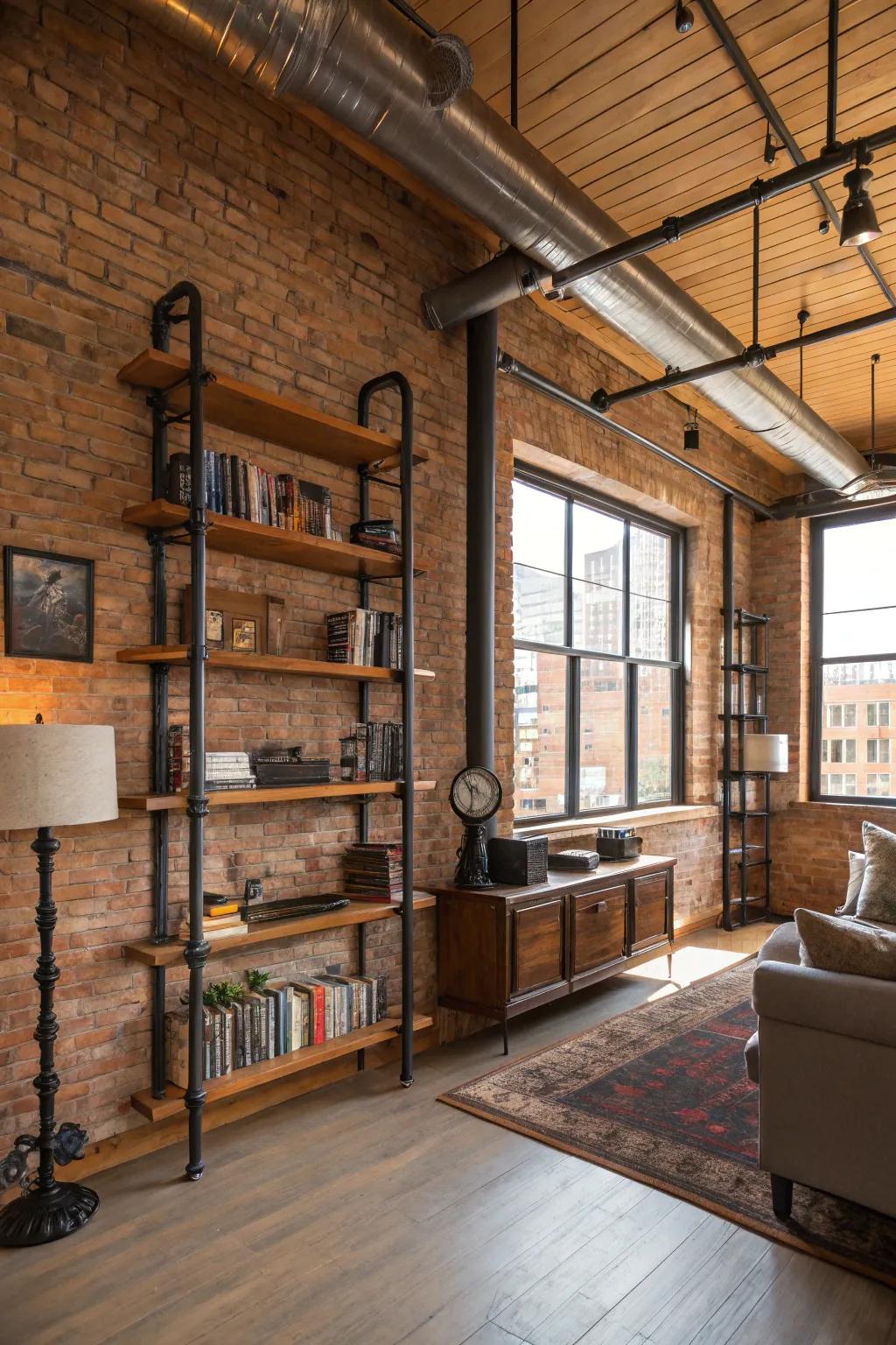 Factory-inspired pipe shelves merge countryside and contemporary fashions.