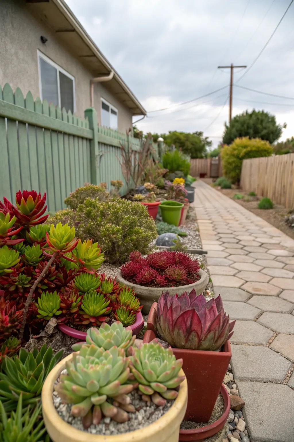 Vibrant fleshy plant configurations provide a low-maintenance display.