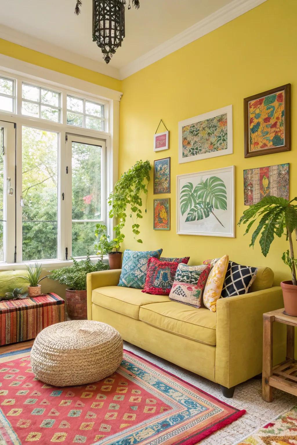 A compact living area with lemon walls to invigorate the space.