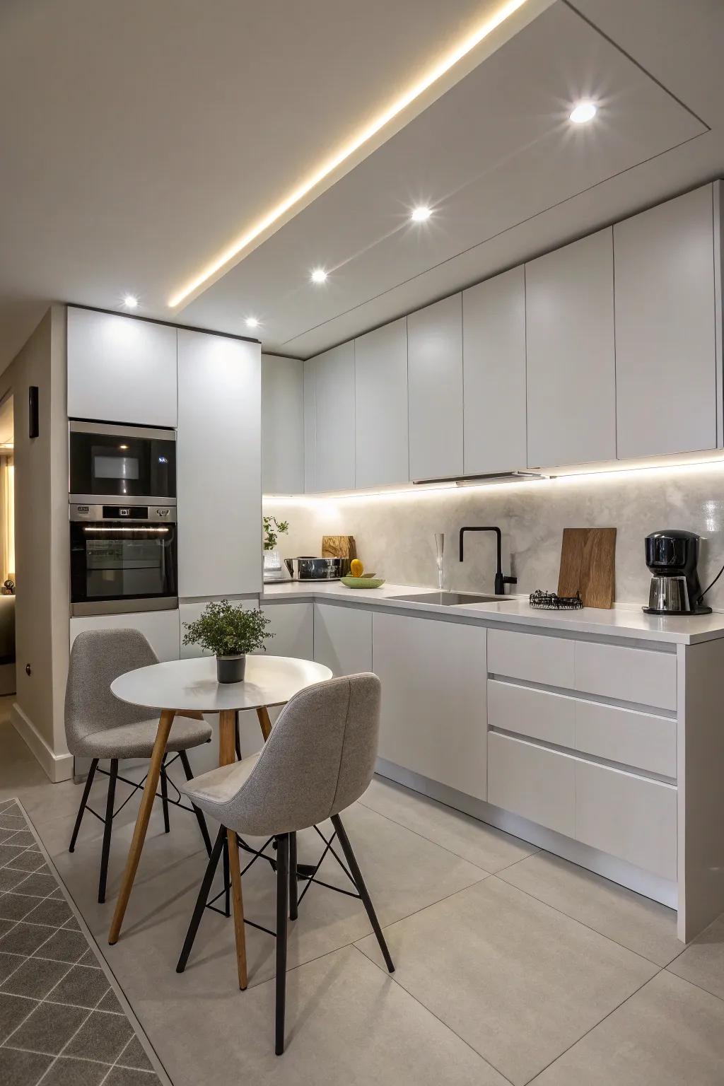 Concealed lighting features ensure a sleek and modern aesthetic in compact cooking areas.